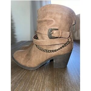 SO Boots Jingle Back Zip Western Bootie Brown Faux Leather Heels Women's Size 7M